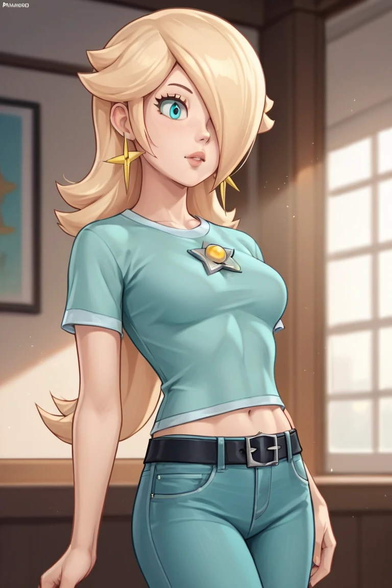 score_9, score_8_up, score_7_up, source_anime, rosalina, blonde hair, blue eyes, hair over one eye, long hair, star earrings, solo, cowboy shot, black t-shirt, taut clothes, tight shirt, midriff, jeans, black belt