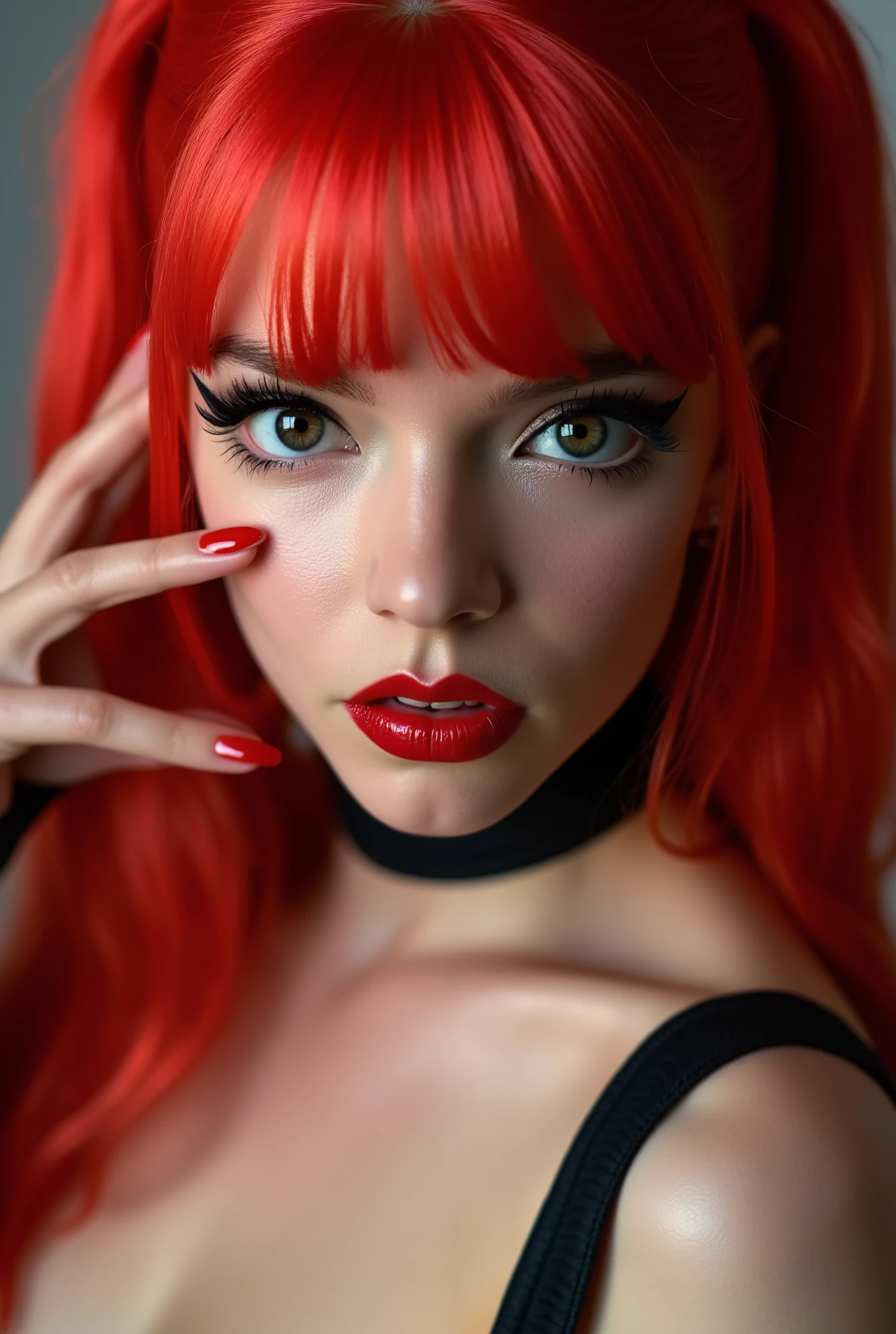 Beautiful girl, red lip gloss, eyeliner flicks, red lip gloss, sexy, latex schoolgirl outfit, body oil, extreme make up, red hair in pigtails, dark red lip gloss, shiny lips, reflective lips