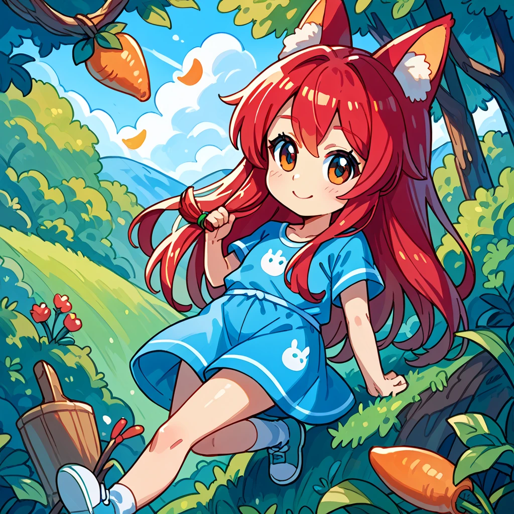 Simple anime style, avatar, chibi girl, red hair light smile, comfortable clothes, fox ears , onion naked 18