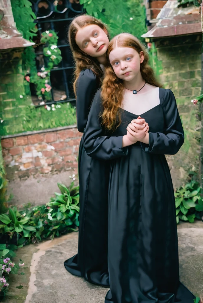 A nun sadie sink, in a maxi dress, (((tight))), (huge breasts:1.5), (sister, kind, amiable, church in background, dark theme, cleavage, frowning, hugging each other from above view, , a young pretty girl whispering into a girls, ear from behind 