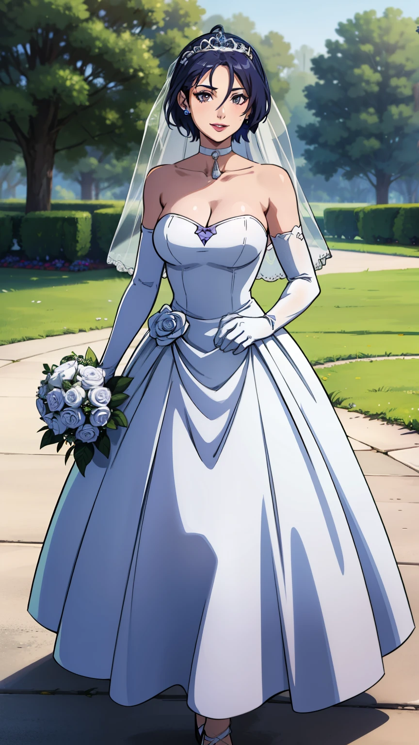 1girl ,defShamir ,short hair ,earrings ,lipstick, eye shadow, makeup, hair between eyes, ahoge, hair ornament, gloves, dress, cleavage, bare shoulders, collarbone, white elbow gloves, white gloves, white dress, strapless, white choker, tiara, veil, strapless dress, wedding dress, bridal veil, beautiful woman, perfect body, perfect breasts, wearing a wedding dress, ball gown,full body ,in the park trees, wedding decorations, looking at the viewer,  smile, realism, masterpiece, textured skin, super detail, high detail, high quality, best quality, 1080p,