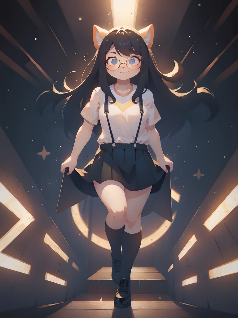 A stylized illustration of a ,The character has pale skin,long black hair,smug expressions,she have black overralls, She carried a black Book with a golden text that reads “CD” in her right arm, and a pencil, she have black thigh leggings,with black flat shoes,full body,pure black skirt,chubby thighs,visble abs,round glasses,floating in space,space background