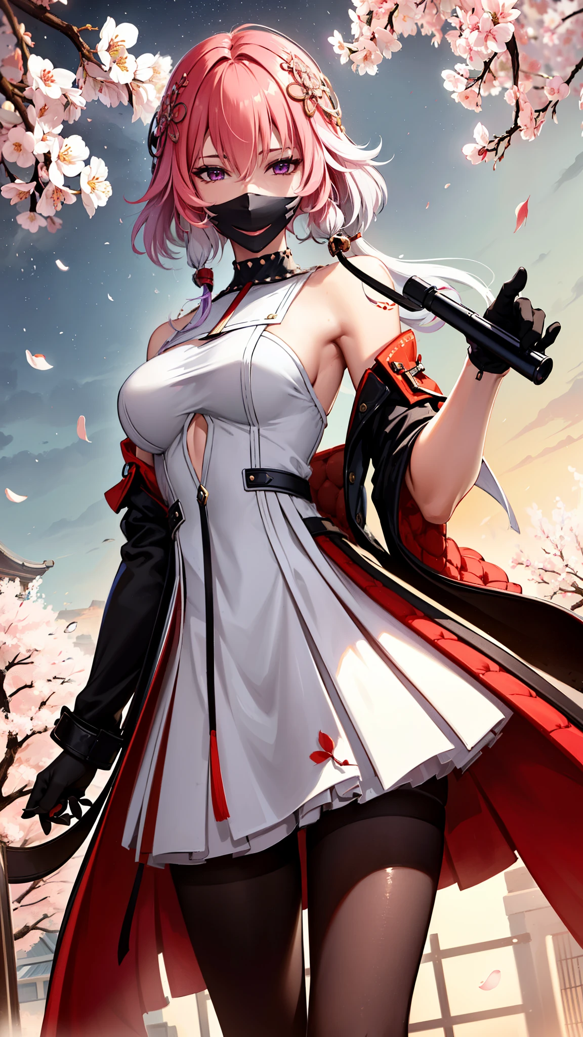 (masterpiece, One quality , Best Quality , Official Art , beautiful and beautiful :1.2),(8k, Best Quality , masterpiece:1.2), (((masterpiece))),((( Best Quality ))),((( extremely detailed))),illustration,who, (masterpiece, One quality , Best Quality , Official Art , beautiful and beautiful :1.2),(8k, Best Quality , masterpiece:1.2), 1girl, one, girl, Collapse: Star Trails, Huangquan, purple hair , long hair, shorts, one eye is hidden behind the hair, Monocular Mask , purple eyes, white shirt , sweater, Pleated Skirt, pantyhose, light Smile, Double V, looking at the audience , Smile, open mouth, outdoor, street, Cherry blossoms, petal, Depth of Field