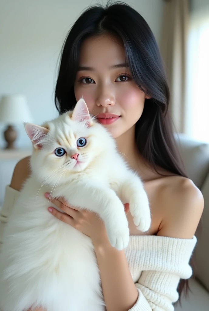 Asian girl with black hair, with a white cat with red eyes 