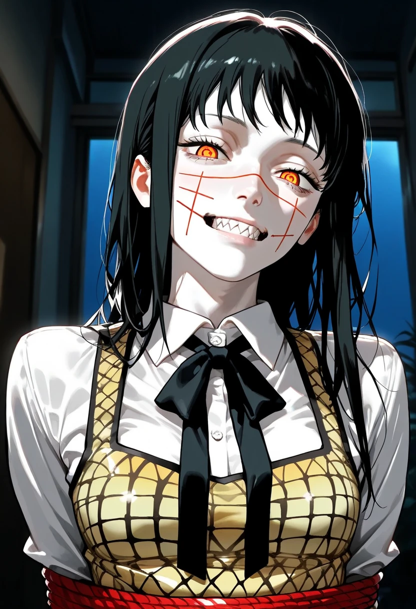 Close-up of a girl in a suit and tie, androgynous vampire, junji ito 4 k, with long dark hair, ito junji art, style of junji ito, Dark Costume, portrait of sadako of the ring, Gentle androgynous princess , Beautiful androgynous princess , with her long black hair, girl in suit, (big yellow eyes:1.3), fangs, detailing, (generous cleavage), Burst breasts, extra high resolution, 8K, (The blood on her lips runs down her neck), (Lovely Medium Breasts), perfect anatomy, (Gloomy color scheme:1.5), (skinny body)