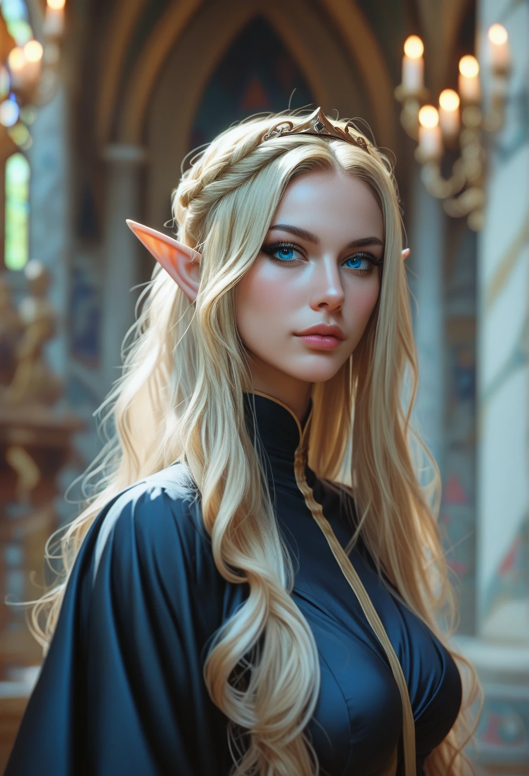 ELVE FEMALE (TOLKIEN) WITH AN HYBRID FACE BETWEEN CLAUDIA SCHIFFER AND GISELE BUNDCHEN , BUST IMAGE STYLE, STUDIO IMAGE STYLE, BLACK INFINITE BACKGROUND, DIFFUSED LIGHTS ON FACE, BACK LIGHTS ON HAIR, LUMINOUS HAIR, CLOSE FACE SHOT, PLATINUM LONG HAIR, HUGE STRAIGHT LONG HAIR, BRAID HAIR STYLE, PLATINUM EYEBROWS, VERY PALE SKIN, LUMINOUS SKIN, FEMALE FAIRY, TOLKIEN MITHOLOGY, EXPOSED TIP EARS, HIGH DETAILED ELVE EARS, HIGH CHEEKBONES, ROSY CHEEKS, EXPRESSIVE LIGHT GRAY EYES, LOOKING UP, GORGEOUS LIPS, SOFT LIPSTICK, GORGEOUS CURVY BODY, STRONG BODY, SOFT MUSCLES, VOLUMOUS BREASTS, STRAPLESS CLEAVAGE, BLACK VICTORIAN DRESS, ENIGMATIC FACE EXPRESSION, SIDE FACE VIEW,  LOOKING UP, TOLKIEN MITHOLOGY, HIGH QUALITY IMAGE, MASTERPIECE, 8K