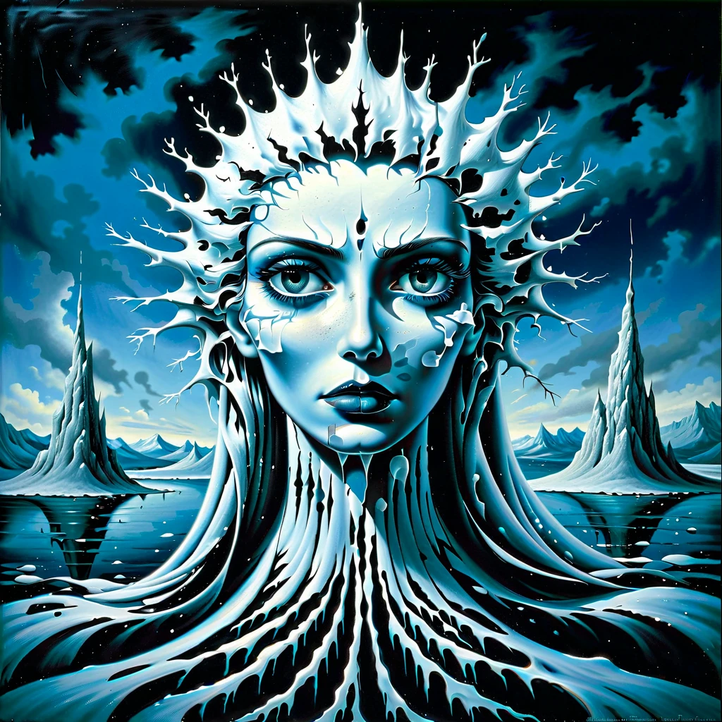 art by Rafal Olbinski, The Frozen Mother Alna with ice-white ice-blue blue-black blue-green navy-blue color palette