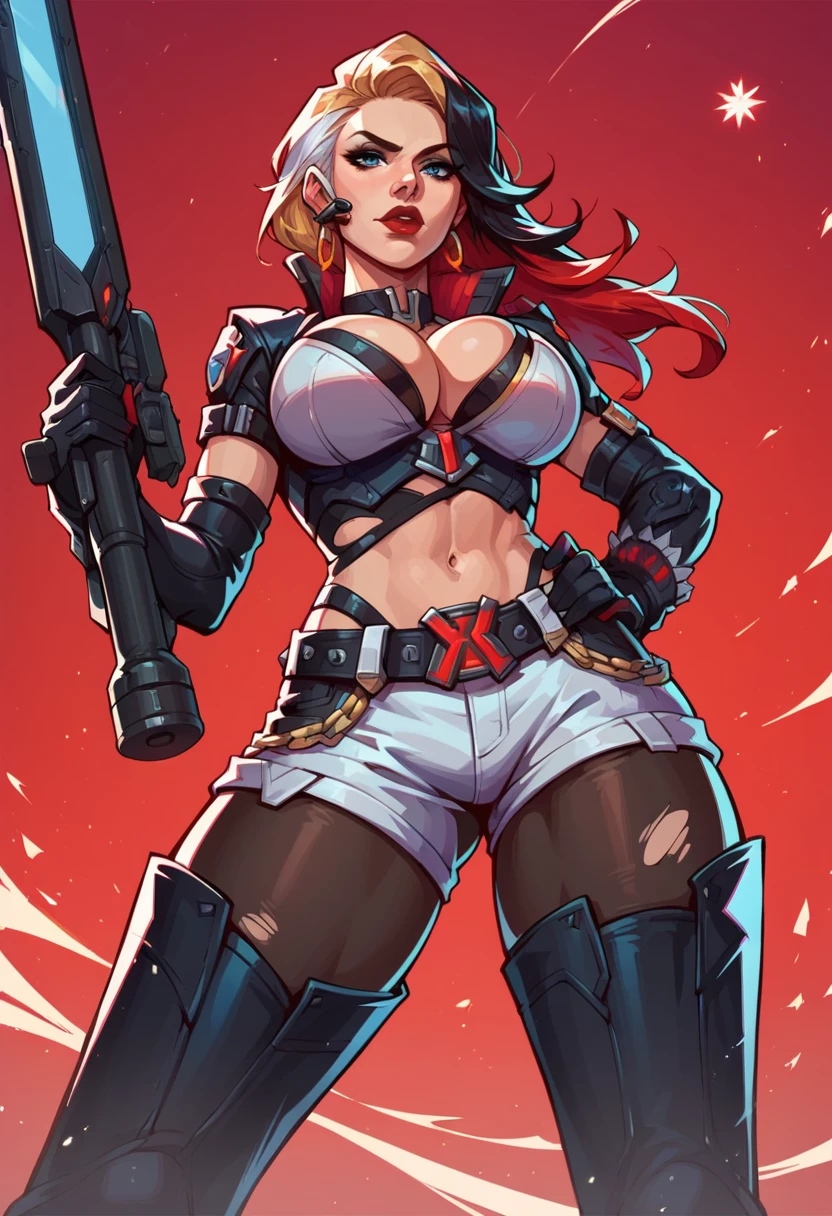 score_9, score_8_up, score_7_up, score_6_up, expressiveh, magik_rivals, 1girl, solo, cowboy shot, blonde hair, long hair, hair accessory, eyeliner, blue eyes, earrings, cropped bodysuit, black bodysuit, armor, belt, gloves, black gloves, black clothes, pauldrons, midriff, navel, short shorts, yellow details, pantyhose, ripped pantyhose, spikes, holding sword, holding weapon, huge weapon, magik sword, glowing sword, yellow sword, weapon, posing, hand on hips, simple background, simple background, geometric shapes score_9, score_8_up, score_7_up, score_6_up, expressiveh, blackwidow_rivals, 1girl, solo, cowboy shot, red hair, asymmetrical hair, headset microphone, eyeliner, blue eyes, red lips, bodysuit, black bodysuit, gloves, black gloves, forearm guns, black clothes, red details, red glow, baton_(weapon), holding weapon, sniper rifle, holding sniper rifle, huge weapon, posing, hand on hips, red sparks, red background, geometric shapes, looking at viewer, geometric pattern on background, scocore_9, score_8_up, score_7_up, 1girl, lunasnow, black hair, white hair, two-tone hair, blue eyes, large natural saggy breasts, breast squeeze between arms, sexy expression, blush, dramatic lighting, pretty girl, depth of field, bokeh blur, pool, reflection, neon, glowing, teal theme, sexy expression, looking at viewer, cowboy shot, arched back, low angle, dynamic pose, snowflakes score_9, score_8_up, score_7_up, score_6_up, score_5_up, score_4_up, masterpiece, ultra-detailed, high resolution, lunafrost, 1girl, solo, gloves, cropped jacket, shorts, thighhighs, jacket, elbow gloves, boots, black footwear, thigh boots, breasts, open hands, animification, huge breasts, multicolored hair, smile, white shorts, city, streets, cleavage, thick thighs, huge ass, jay marvel style
