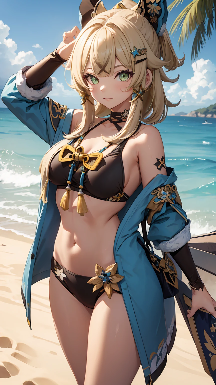  Kirara hairstyle from the game Genshin Impact , 1 girl,  wearing a sexy bikini on a beach, Kirara , 8K,  high detail,  HIGH QUALITY