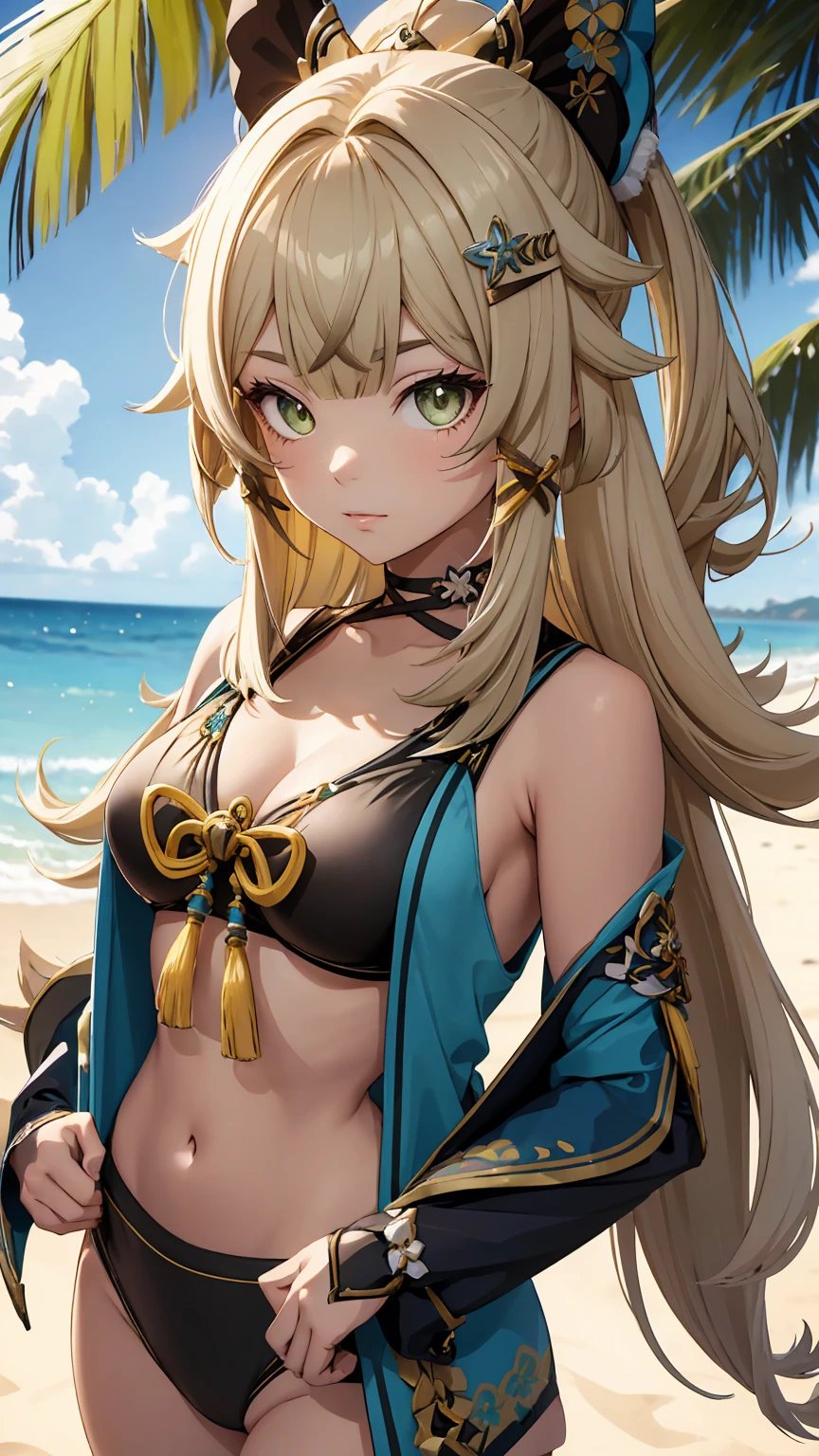  Kirara hairstyle from the game Genshin Impact , 1 girl,  wearing a sexy bikini on a beach, Kirara , 8K,  high detail,  HIGH QUALITY