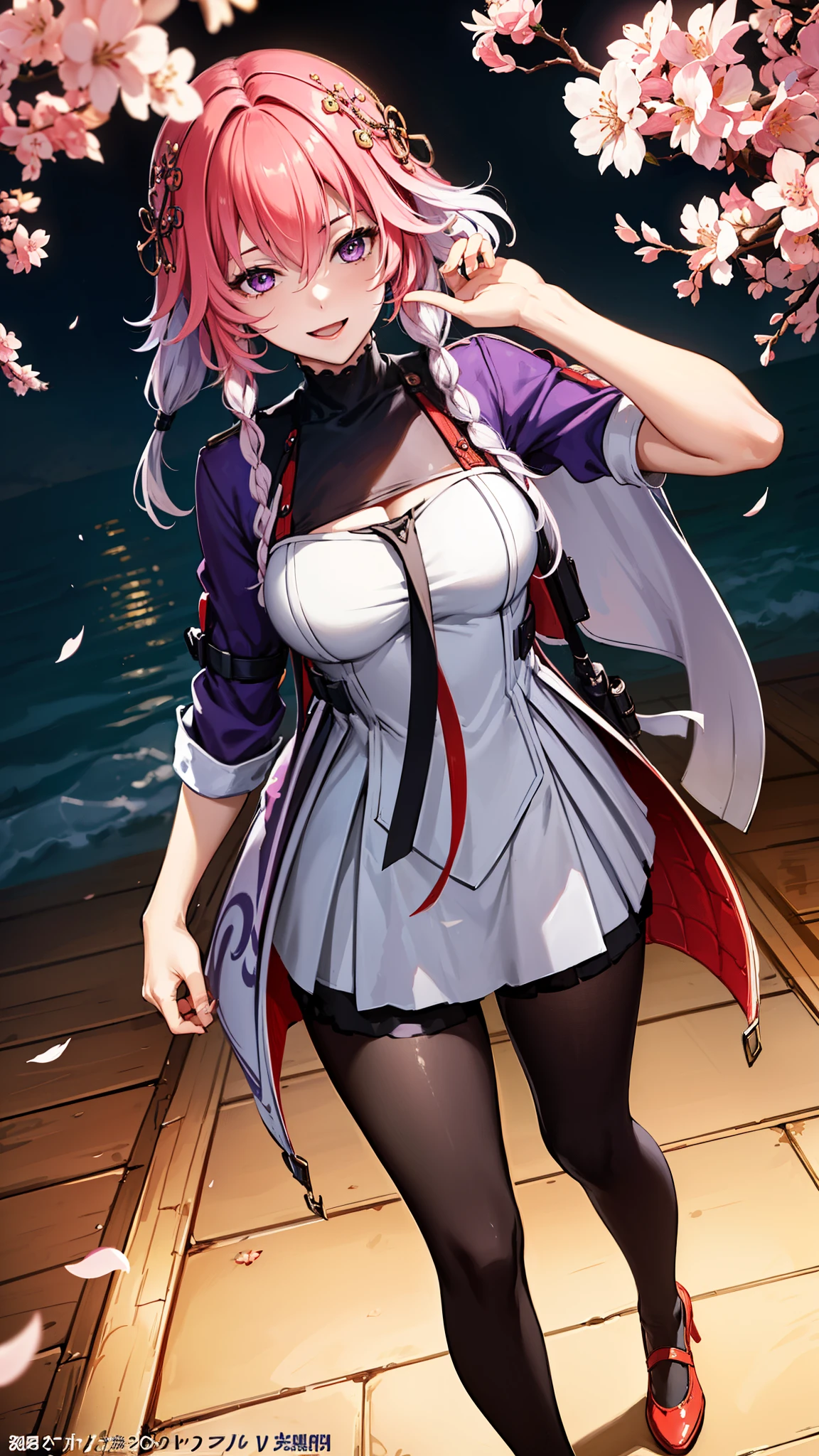(masterpiece, One quality , Best Quality , Official Art , beautiful and beautiful :1.2),(8k, Best Quality , masterpiece:1.2), (((masterpiece))),((( Best Quality ))),((( extremely detailed))),illustration,who, (masterpiece, One quality , Best Quality , Official Art , beautiful and beautiful :1.2),(8k, Best Quality , masterpiece:1.2), 1girl, one, girl, Collapse: Star Trails, Huangquan, purple hair , long hair, shorts, one eye is hidden behind the hair, Monocular Mask , purple eyes, white shirt , sweater, Pleated Skirt, pantyhose, light Smile, Double V, looking at the audience , Smile, open mouth, outdoor, street, Cherry blossoms, petal, Depth of Field