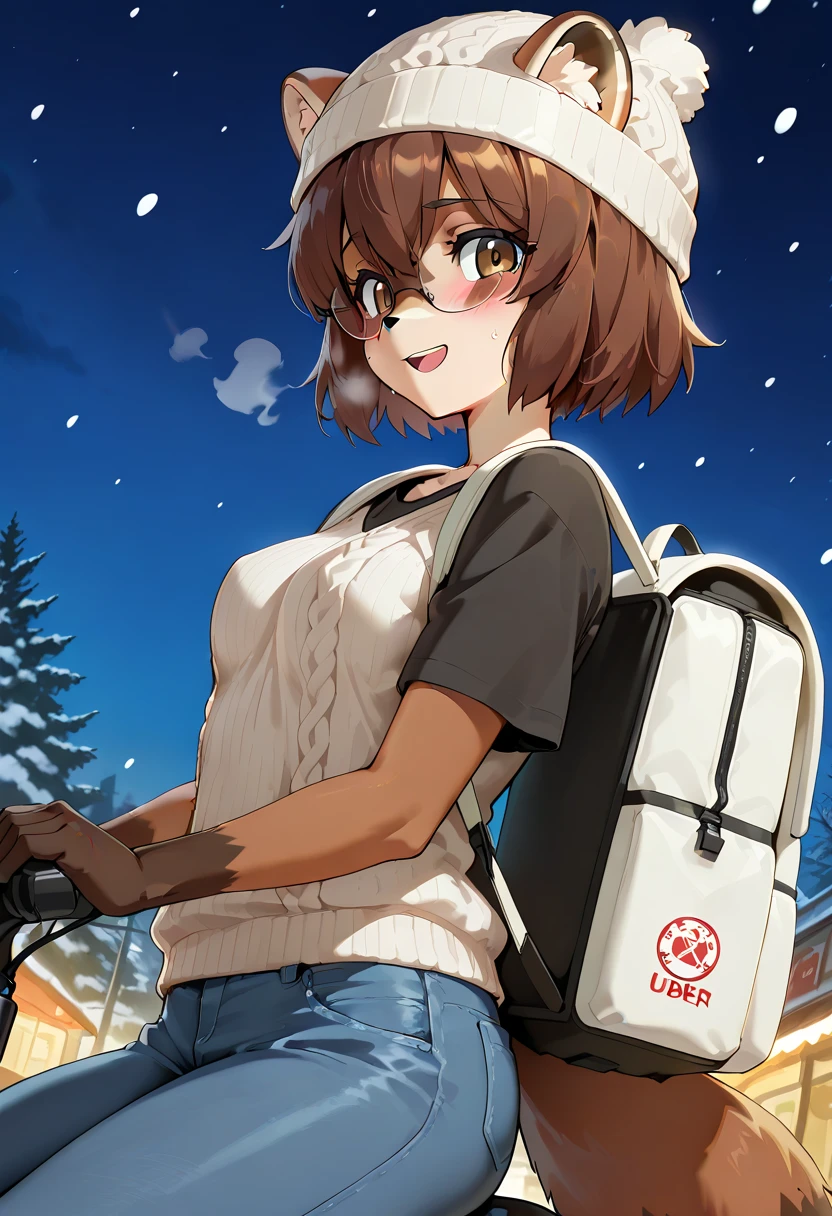 Masterpiece, anime style, 1girl, tall, score_9, score_8_up, score_7_up, source_furry, tmc, 1girl, solo, animal ears, raccoon ears, furry female, brown eyes, furry, tail, brown hair, short hair, pawpads, brown fur, small breasts, perky breasts, snowing, streets, wool cap, wool sweater, jeans, cute smile, tired expression, foodcart, steamopen mouth, blush, shy, black t-shirt, looking at viewer, sitting by a poll, exausted, glasses, upper body, dutch angle, anime screencap, outdoor, nightsky, snowing, cold, sad expression, uber backpack, delivery bicycle, furry body, fur, steamy breath, Uber, Sad expression, tears, somber smile