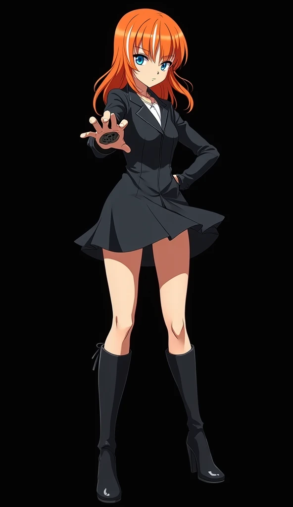masterpiece, best quality, 1girl, lisa imai, superhero, leotard, bare legs, boots, matching boots, stand, standing, highleg, hand on hip, city backdrop, smile, looking at viewer, black leotard,