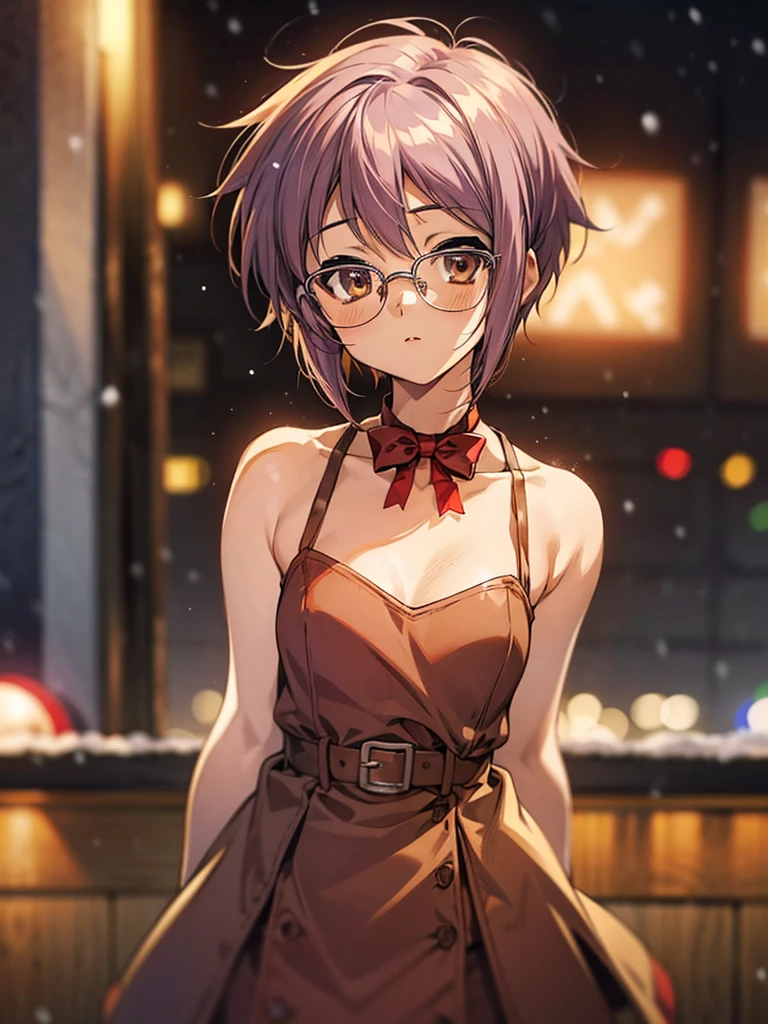 ny1, nagato yuki, ((arms behind back)), (small breast), (short hair), glasses, 1girl, (Xmas), On a snowy night on the street, I met a cute little Santa girl.