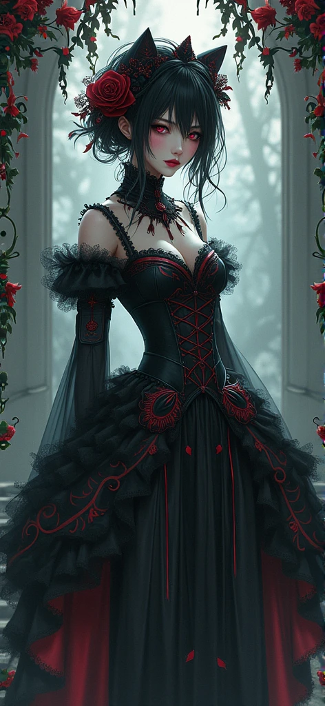 Fantasy, 1girl, (fractal clothes:1.4, intricated), black and red, roses, lightweight grey hair, extremely detailed, dynamic angle, full shot, elegant, rembrant color, romanticism, by roby dwi antono, atmospheric, ecstasy of wind, Masterpiece, best quality, delicate and beautiful, high-res CG illustration, insane detailed,