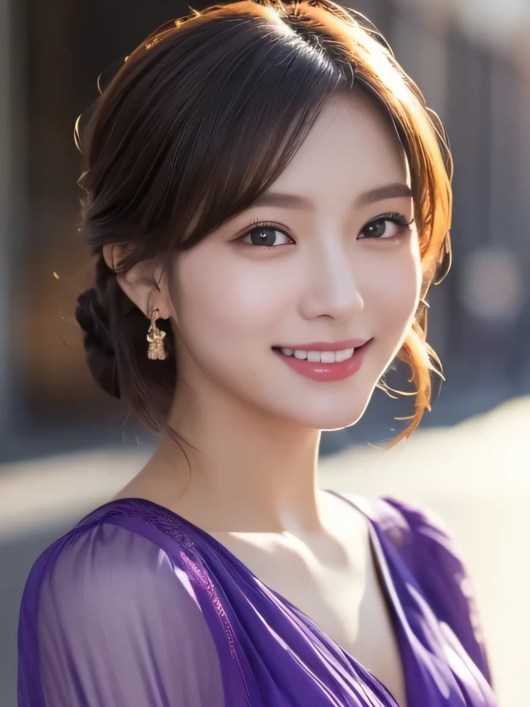 A close up of a woman in a purple dress smiling - SeaArt AI