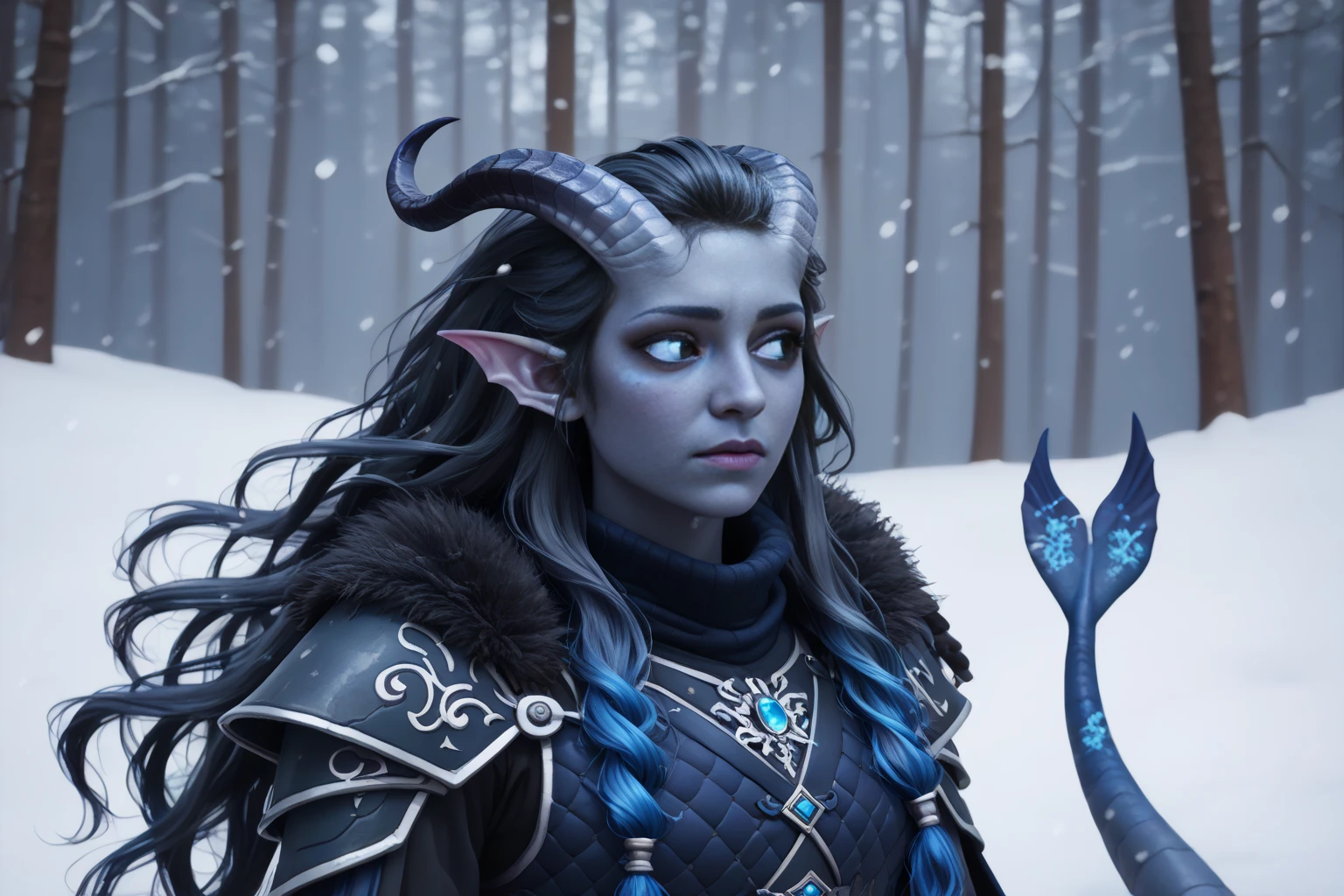 ( Snowy sprawling cedar ,  the winter cedar forest against the background of ), (1Тiefling ,  dark blue-gray skin :1.5), ( very thick long tiefling dragon tail :1.5), (long black flowing hair with dark blue tips:1.4), ( the bright blue-black pigmentation on the face :1.5), (blue-black freckles :1.2) , ( 2little fins on their heads :1.4), (bright blue-grey pupils,  Black eyes :1.4), ( blue-black pigmentation on the skin :1.5), ( dark grey straight short horns ), ( blue and black pigmentation on the tail :1.5),  girl  , (kind face), (на лице эмоции от нестерпимого coldа), (in pain ), (coldно:1.2), [curiosity ], (35 years old:1.5), (adult:1.2), (Deep look:1.3), (идёт крупный  snow ), (запорошена в  snow у:1.2) , (покрыта  snow ом), (ежится от coldа:1.1) , ( frost on eyelashes :1.1), ( fur collar armor), (белый  snow  на голове:1.2), ( fur armor ), ( snow  на рогах и на голове:1.2), (chainmail), (you can see pigmentation on his shoulder ), (tail protection), (на коленях на  snow у:1.3), (трясётся от coldа:1.1), [ snowy winter ], (by the fire:1.3), (очень coldно), (blizzard,  snow , cold) , ( can be seen in full height:1.2), (видно издалека на коленях на  snow у), (warms hands), ( top quality ), ( masterpiece fails), ( highest detail),  fantasy background, blue tones, Dark tones, dark shades,  muted colors, [winter light ].