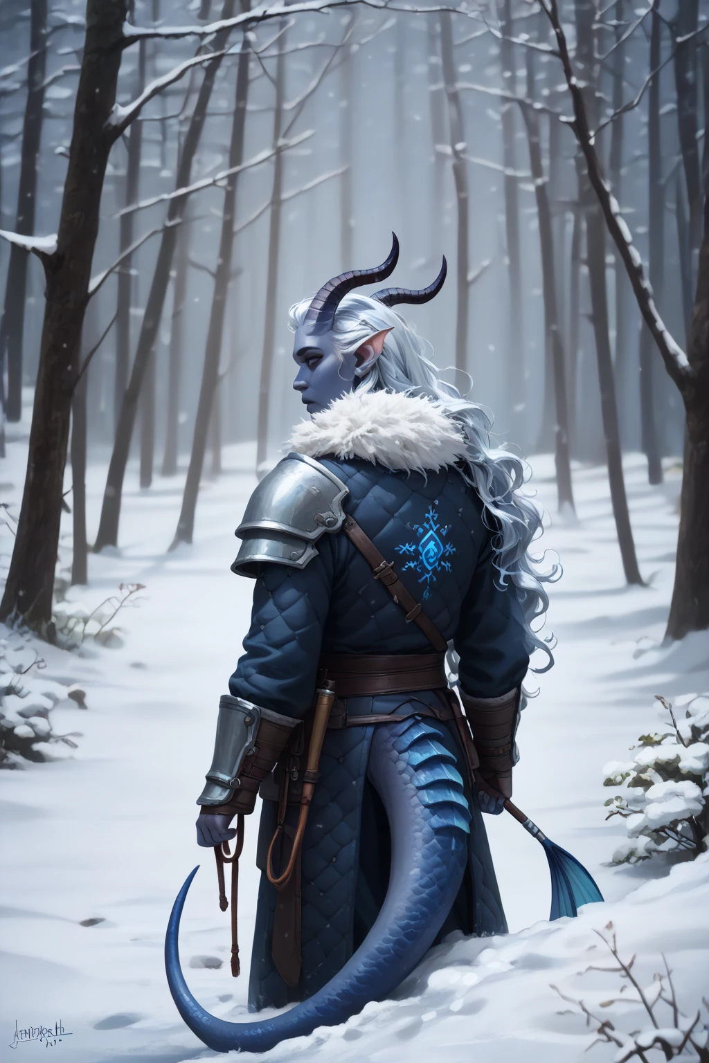 ( Snowy sprawling cedar ,  the winter cedar forest against the background of ), (1Тiefling ,  dark blue-gray skin :1.5), ( very thick long tiefling dragon tail :1.5), (long black flowing hair with dark blue tips:1.4), ( the bright blue-black pigmentation on the face :1.5), (blue-black freckles :1.2) , ( 2little fins on their heads :1.4), (bright blue-grey pupils,  Black eyes :1.4), ( blue-black pigmentation on the skin :1.5), ( dark grey straight short horns ), ( blue and black pigmentation on the tail :1.5), ( girl :1.2) , (kind face), (на лице эмоции от нестерпимого coldа), (in pain ), (coldно:1.2), [curiosity ], (35 years old:1.5), (adult:1.2), (Deep look:1.3), (идёт крупный  snow ), (запорошена в  snow у:1.2) , (покрыта  snow ом), (ежится от coldа:1.1) , ( frost on eyelashes :1.1), ( fur collar armor), (белый  snow  на голове:1.2), ( fur armor ), ( snow  на рогах и на голове:1.15), (chainmail), (you can see pigmentation on his shoulder ), (tail protection), (walks along the road looking back :1.3), (трясётся от coldа:1.1), [ snowy winter ], (очень coldно), (blizzard,  snow , cold) , (can be seen in its entirety:1.2), ( seen from afar ), ( walks along the road looks over his shoulder:1.5), (takes an apple from the wagon:1.3), ( against the background of a medieval northern caravan with carts, wagons ,  horses ,  with :1.2), ( top quality ), ( masterpiece fails), ( highest detail),  fantasy background, blue tones, Dark tones, dark shades,  muted colors, [winter light ].