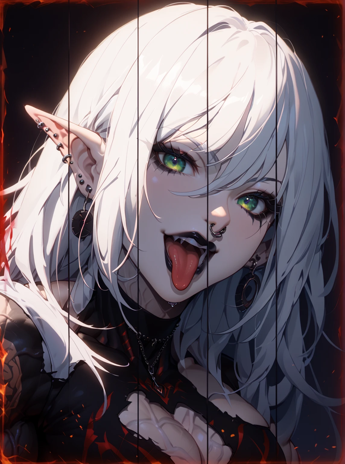 anime devil girl, long white hair and a big smile 