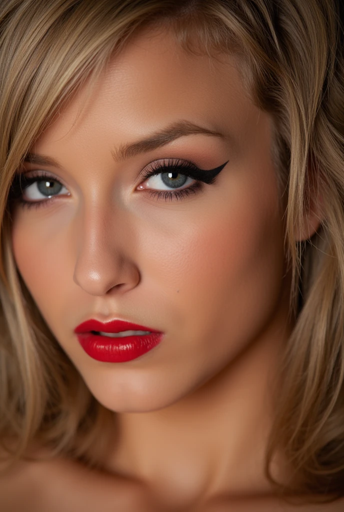 Beautiful girl, red lip gloss, eyeliner flicks, red lip gloss, sexy,  blonde hair