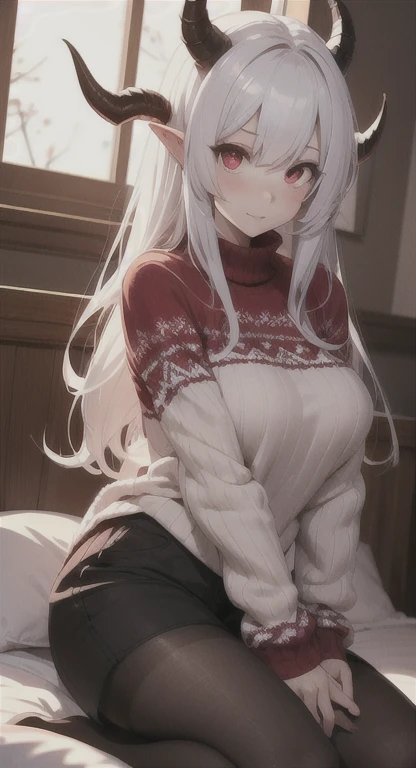 1girl ,solo, (masterpiece), best quality, (beautiful detailed face), (beautiful detailed eyes), woman, curvy, (smooth skin), (white hair:1.2), fluffy hair, long hair, (pink eyes), (looking at viewer), turtleneck, (intricate white sweater), (detailed sweater), ribbed sweater, (oversized sweater), (very big sweater), sweater dress, very long sleeves, (thighs), sitting, on bed, (both hands on lap:1.3), happy, (smile), open mouth, upper teeth, blush, sky, (sunlight), cinematic lighting, contrasting background, best quality, amazing quality, very aesthetic, absurdres, sexy