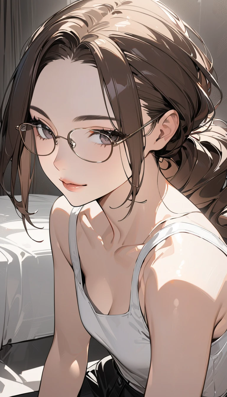 slightly curled hair, narrow-rimmed glasses, / Note Lilac Earrings, Mouth slightly closed, Red lips, Surrealism, Attention to detail, Strong chiaroscuro, Film grain, Panorama, Ultra-high resolution, Accurate, Textured skin.