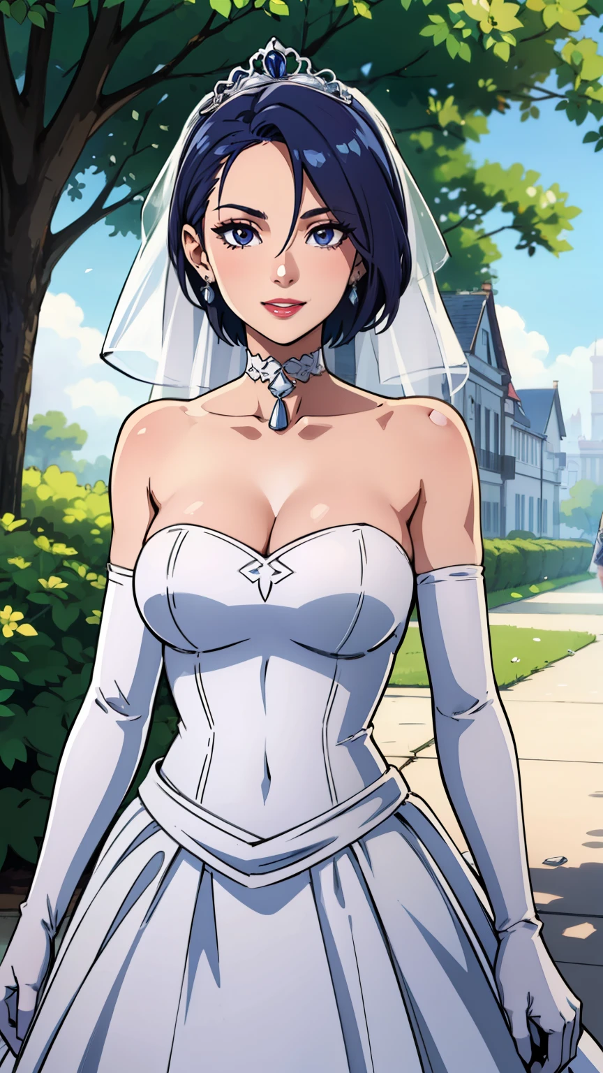 1girl ,defShamir ,short hair ,earrings ,lipstick, eye shadow, makeup, hair between eyes, ahoge, hair ornament, gloves, dress, cleavage, bare shoulders, collarbone, white elbow gloves, white gloves, white dress, strapless, white choker, tiara, veil, strapless dress, wedding dress, bridal veil, beautiful woman, perfect body, perfect breasts, wearing a wedding dress, ball gown ,in the park trees, wedding decorations, looking at the viewer, smile, realism, masterpiece, textured skin, super detail, high detail, high quality, best quality, 1080p,