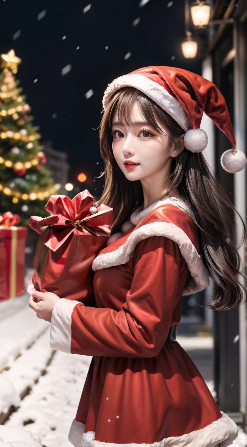 Luminous,High quality picture, masterpiece, 4k, live action-like, beautiful woman, big eyes, big eyelashes, wearing Santa costume (shiny fabric) holding bag of gifts, ((standing))Christmas night in town, snow falling, lots of presents.