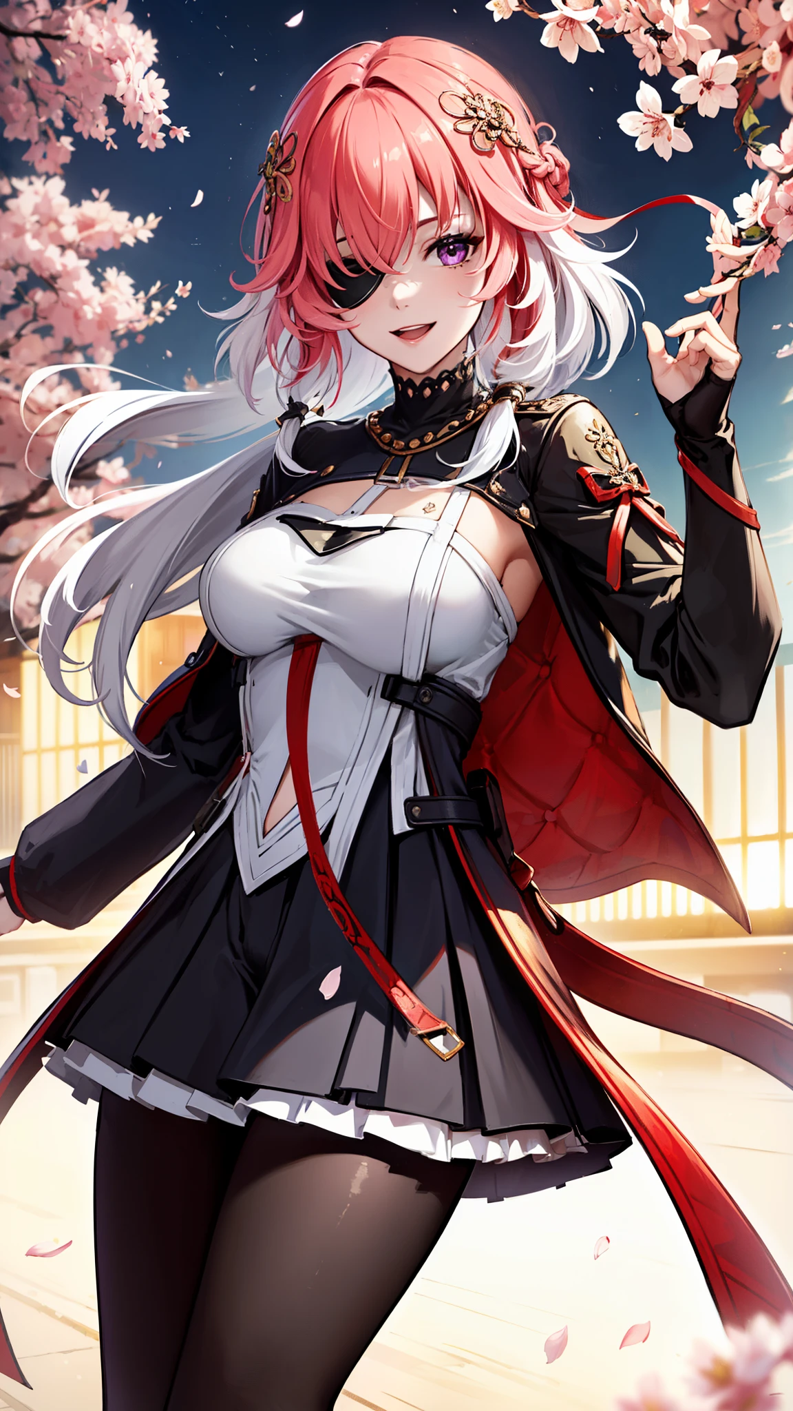 (masterpiece, One quality , Best Quality , Official Art , beautiful and beautiful :1.2),(8k, Best Quality , masterpiece:1.2), (((masterpiece))),((( Best Quality ))),((( extremely detailed))),illustration,who, (masterpiece, One quality , Best Quality , Official Art , beautiful and beautiful :1.2),(8k, Best Quality , masterpiece:1.2), 1girl, one, girl, Collapse: Star Trails, Huangquan, purple hair , long hair, shorts, one eye is hidden behind the hair, Monocular Mask , purple eyes, white shirt , sweater, Pleated Skirt, pantyhose, light Smile, Double V, looking at the audience , Smile, open mouth, outdoor, street, Cherry blossoms, petal, Depth of Field