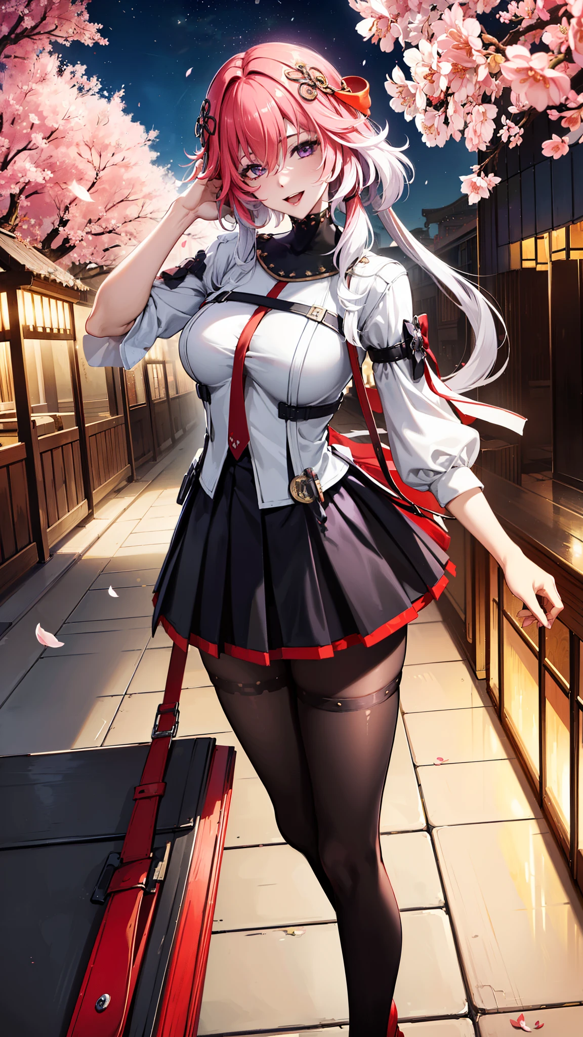 (masterpiece, One quality , Best Quality , Official Art , beautiful and beautiful :1.2),(8k, Best Quality , masterpiece:1.2), (((masterpiece))),((( Best Quality ))),((( extremely detailed))),illustration,who, (masterpiece, One quality , Best Quality , Official Art , beautiful and beautiful :1.2),(8k, Best Quality , masterpiece:1.2), 1girl, one, girl, Collapse: Star Trails, Huangquan, purple hair , long hair, shorts, one eye is hidden behind the hair, Monocular Mask , purple eyes, white shirt , sweater, Pleated Skirt, pantyhose, light Smile, Double V, looking at the audience , Smile, open mouth, outdoor, street, Cherry blossoms, petal, Depth of Field