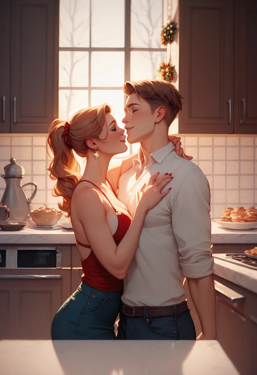 Tender lesbian couple in a kitchen ,  prepare their Christmas night with love in sexy and sensual dress 