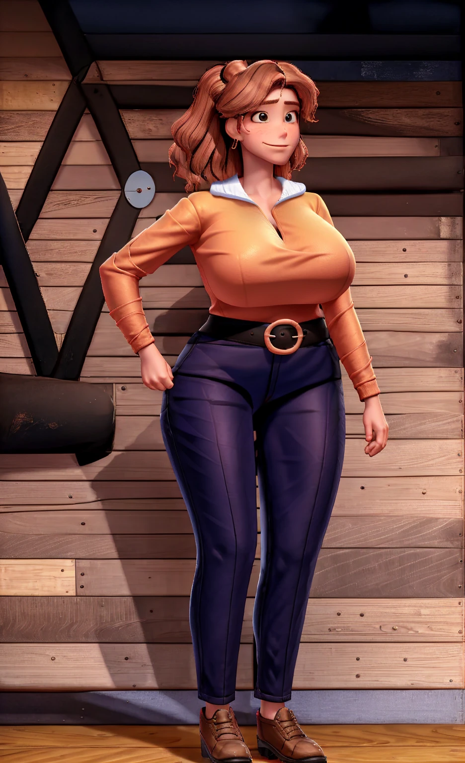 Woman, 27 years old, 1.96m tall. 125kg. Strong and curvy amazonian BBW. Very broad shoulders. Super long legs. Humungous breasts, slightly pointed bosoms. Wearing tight off the shoulder sweater, burnt ember sweater. Lengthy cleavage, deep cleavage. Mohair trousers, brown trousers. Ankles showing. Rainbow belt, big belt buckle. Oxford shoes, brown shoes. Big, ruddy cheeks. Full face, high cheekbones. Chestnut hair with red highlights. Rugged, horny. Mixed Costa Rican and Latvian. Dominant. Ready to flirt. Expressive, vibrant. Teasing, mischievous, rambunctious. Confident body language. Walking through a Christmas village. Turning heads.