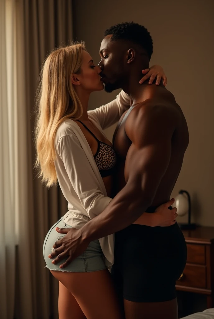 (Photorealistic:1.4)、(masterpiece:1.3)、(Highest quality:1.4)、 Sexy and well-proportioned body, Innocent and sexy young little woman, Full nudity、(( Alpha Tall black bald muscular blond man)) Black thong sitting on the edge of the bed, She spread her legs across his lap and encircled his waist., We met each other, Long blonde ponytail hair,Alternative vibe,,Beautiful Blue Eyes,freckles,Large Breasts,Subtle cleavage,Toned body,Lewd,Candid photos,(Cozy night bedroom), Dynamic Angle,Vivid lighting, High Contrast,Dramatic Shadows,Very detailed,Detailed skin,Depth of written boundary,Film Grain, Bright expression、Very beautiful girl、Extraordinary beautiful girl、A cute and beautiful face down to the last detail、Beautiful Bangs、Glowing White Skin、Facial hair、Bangs on the face、Bangs between the eyes、Super long blonde hair, The black man dominated her with his gaze., His hands gripped her thighs, Her hand touched his neck., Her back against his chest