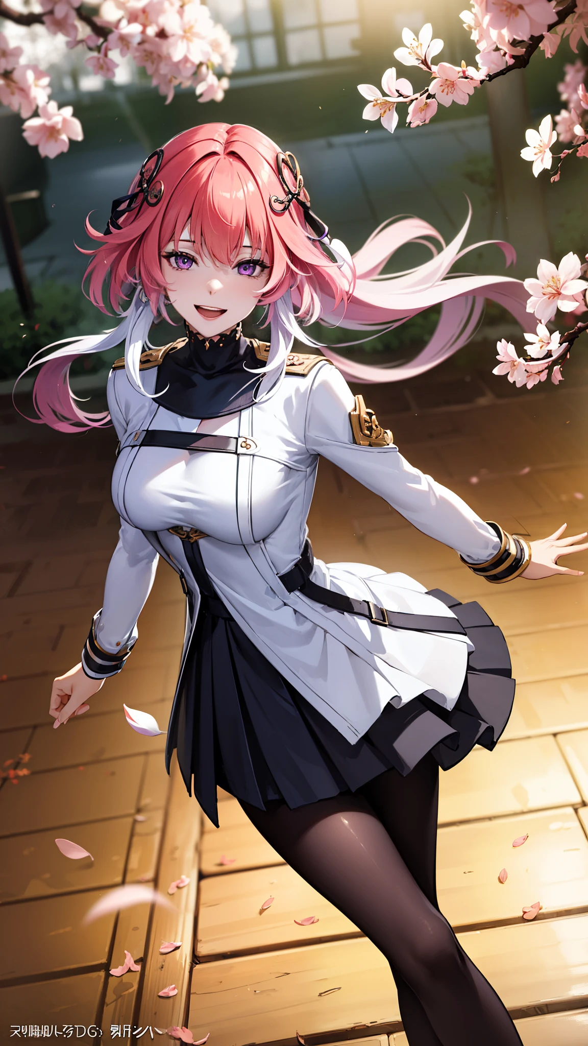 (masterpiece, One quality , Best Quality , Official Art , beautiful and beautiful :1.2),(8k, Best Quality , masterpiece:1.2), (((masterpiece))),((( Best Quality ))),((( extremely detailed))),illustration,who, (masterpiece, One quality , Best Quality , Official Art , beautiful and beautiful :1.2),(8k, Best Quality , masterpiece:1.2), 1girl, one, girl, Collapse: Star Trails, Huangquan, purple hair , long hair, shorts, one eye is hidden behind the hair, Monocular Mask , purple eyes, white shirt , sweater, Pleated Skirt, pantyhose, light Smile, Double V, looking at the audience , Smile, open mouth, outdoor, street, Cherry blossoms, petal, Depth of Field
