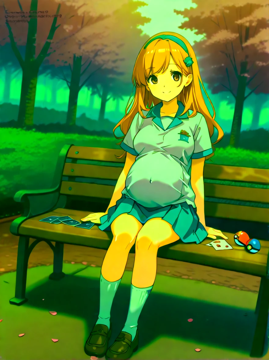 masterpiece,Highest_quality,One pregnant woman,Alone,Pass frog with poker ball ,  hair bobble, white shirt, skirt,socks, loafers without pants, full body , sitting,On the bench,smile, viewers,Park,the above, Dutch angle