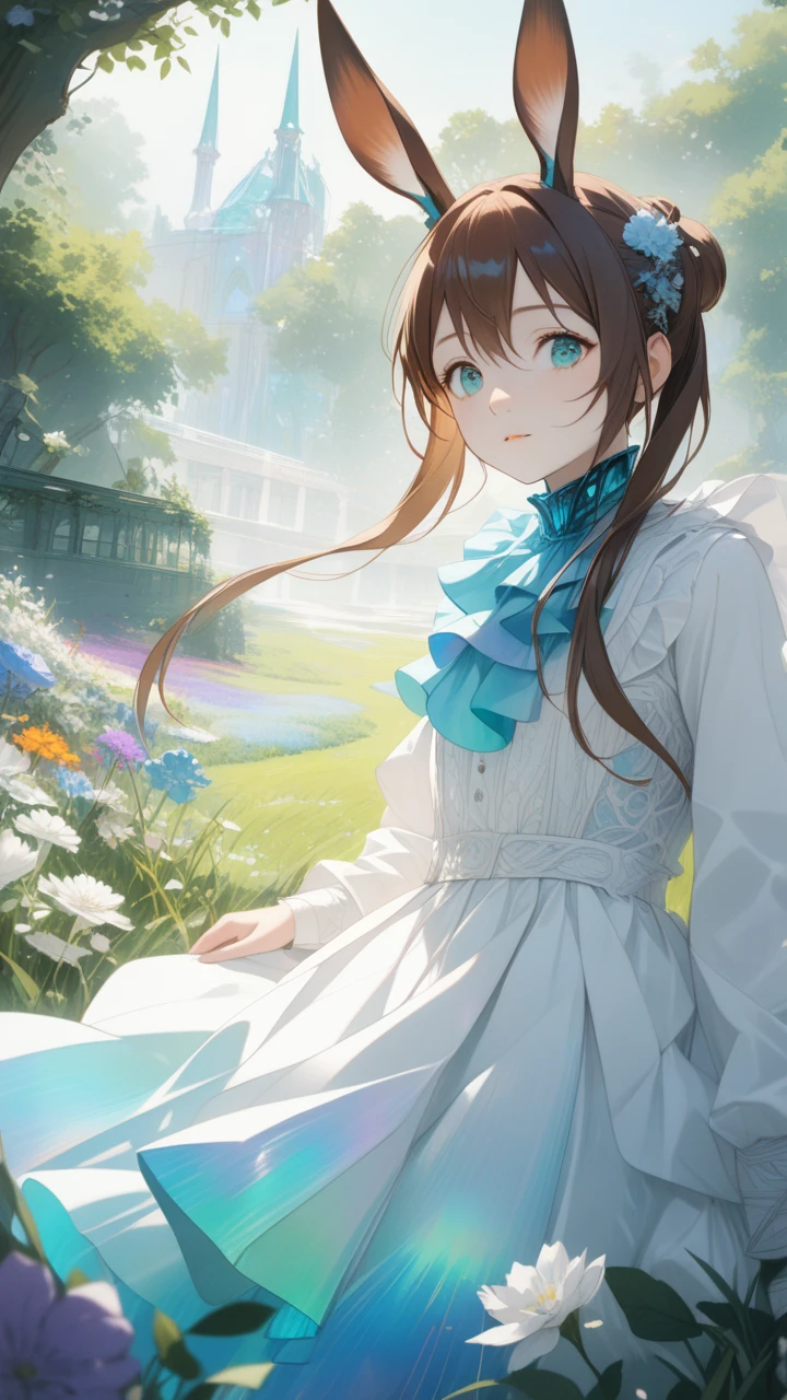 1girl, amiya \(arknights \),white dress, iridescent color,  bunnyears, upper body,outdoors, garden, flower, on grass, looking at viewer, (masterpiece), (best quality), (ultra-detailed), very aesthetic, illustration, perfect composition, moist skin, intricate details, mysterious, fantasy,