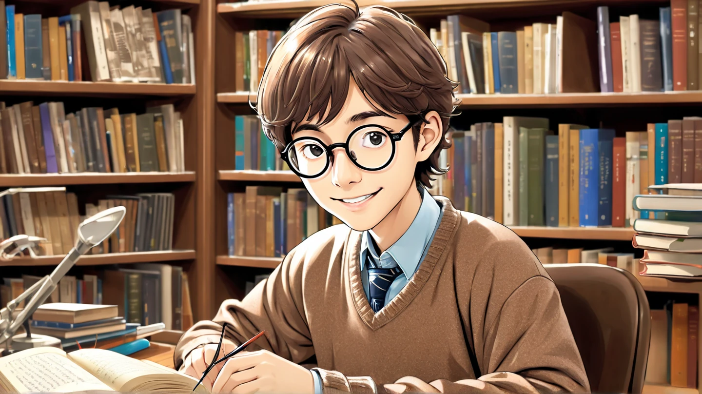 Create image of a smiling young man studying physics with glasses dressed in a brown sweater as if he were an English bourgeois.. .  While he is at the computer and studies and thinks about the things he will do as a physicist and while he has many different materials on his desk.  In the background a library full of books with graphic designers . Japanese digital art manga 