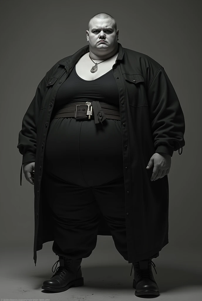 Generate a woman who is 40 years old, overweight, and has a double chin,with dark red hair,with marked and pointy black eyebrows, with dark brown eyes with a lot of black eyeliner and large in the eyes, with a big mouth and outlined in dark brown, with a high, short ponytail on her head and with damaged and dry hair, wearing a short blue robe that is very tight on her body, with tight leggings and black boots, and she has an angry or mean face, with many earrings in her ears and a nose piercing