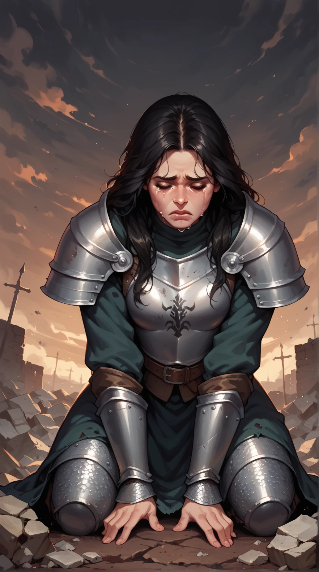 score_9, score_8_up, score_7_up, cartoon of a girl, solo, eyes closed, black hair, long hair, small breast, medieval armour, chainmail, kneeling, crying, ground, on a pile of rubble, front view, moody and gritty, dramatic scene, (dark sky:1.3), (dark background)