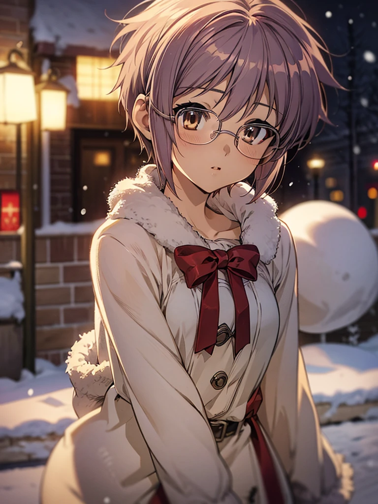 Snow, ny1, nagato yuki, ((arms behind back)), (small breast), (short hair), Santa Claus, glasses, 1girl, (Xmas), On a snowy night on the street, I met a cute little Santa girl.