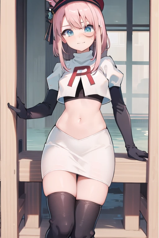 highres, sharp focus, pixiv masterpiece, ((intricate details)), highly detailed,best quality,masterpiece, high res,original, beautiful detailed eyes,ultra-detailed, 1girl, charlotte, hat, medium_hair, monocle, pink_hair, solo, looking_at_viewer,red_headwear,looking at viewer, cap,swept bangs, brooch,ribbon,smile,blush,hair_feather,team rocket,team rocket uniform,white skirt,red letter R,crop top,black thigh-highs,black elbow gloves