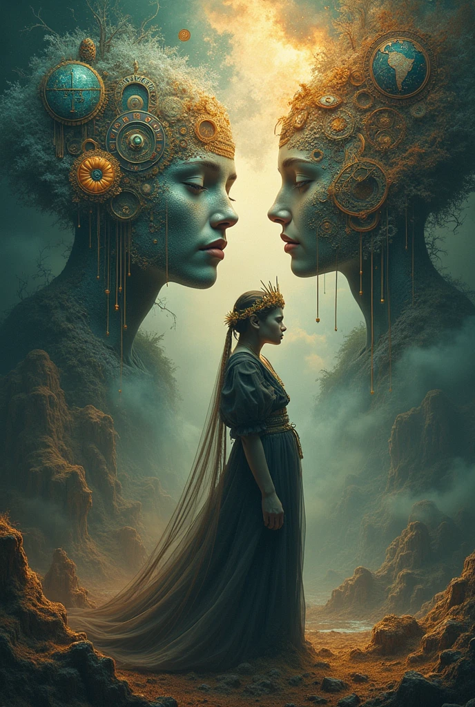 artistic and creative, beautiful shining white woman in the dark fields of devoured men, perfect composition, cinematic lighting, goosebumps atmosphere, dark dystopion scenery, the feeling of fear and melancholy, post-humankind, mixed style by Marc Simonetti and Kay Nielsen and Alessio Albi and Vladimir Manyukhin and Sung Cho, incredible masterwork by head of prompt engineering