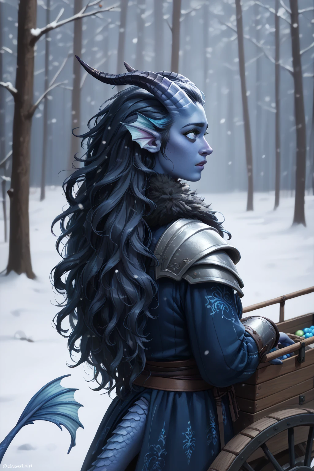 ( Snowy sprawling cedar ,  the winter cedar forest against the background of ), (1Тiefling ,  dark blue-gray skin :1.5), ( very thick long tiefling dragon tail :1.5), (long black flowing hair with dark blue tips:1.4), ( the bright blue-black pigmentation on the face :1.5), (blue-black freckles :1.2) , ( 2little fins on their heads :1.4), (bright blue-grey pupils,  Black eyes :1.4), ( blue-black pigmentation on the skin :1.5), ( dark grey straight short horns ), ( blue and black pigmentation on the tail :1.5), ( girl :1.2) , (kind face), (на лице эмоции от нестерпимого coldа), (in pain ), (coldно:1.2), [curiosity ], (35 years old:1.5), (adult:1.2), (Deep look:1.3), (идёт крупный  snow ), (запорошена в  snow у:1.2) , (покрыта  snow ом), (ежится от coldа:1.1) , ( frost on eyelashes :1.1), ( fur collar armor), (белый  snow  на голове:1.2), ( fur armor ), ( snow  на рогах и на голове:1.15), (chainmail), (you can see pigmentation on his shoulder ), (tail protection), (walks along the road looking back :1.3), (трясётся от coldа:1.1), [ snowy winter ], (очень coldно), (blizzard,  snow , cold) , (can be seen in its entirety:1.2), ( seen from afar ), ( walks along the road looks over his shoulder:1.5), (takes an apple from the wagon:1.3), ( against the background of a medieval northern caravan with carts, wagons ,  horses ,  with :1.2), ( top quality ), ( masterpiece fails), ( highest detail),  fantasy background, blue tones, Dark tones, dark shades,  muted colors, [winter light ].