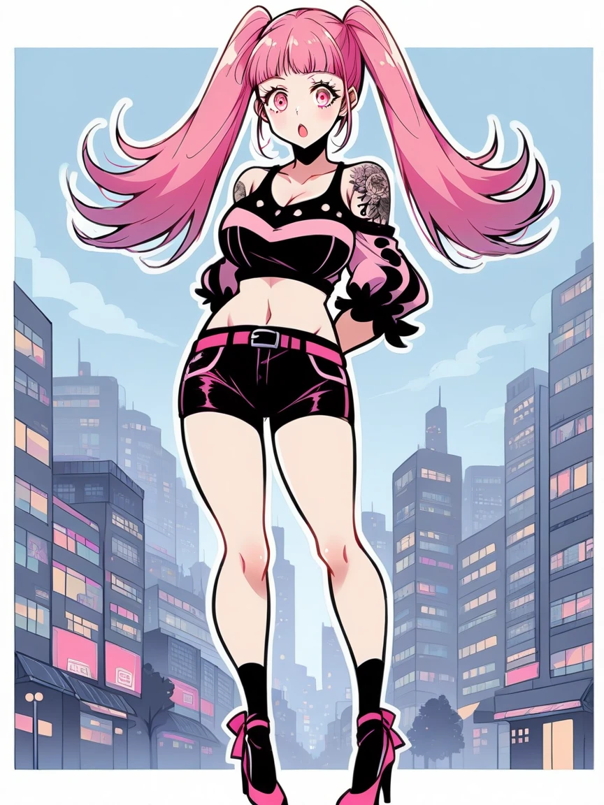 tattoos, tattoo, 1girl, Hilda Valentine Goneril, pink hair, tank top, booty shorts, high heels, pink eyes, standing, city background, crop top, large breasts, twintails