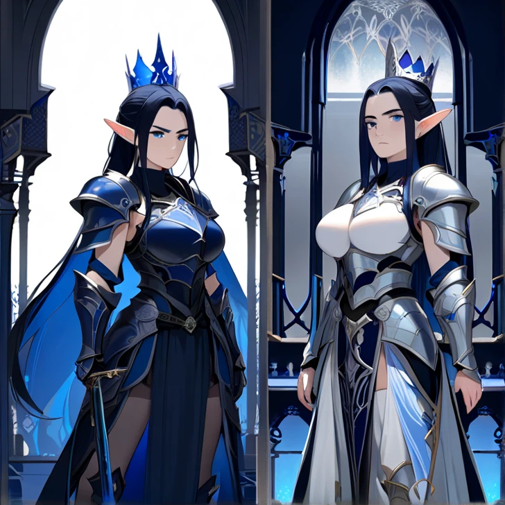 Two women, mother and daughter, Sylara, A human princess of Arathel, She wears a dark blue dress with silver threads, with fitted bodice, With silver and gold embroidery and a black velvet cape, the skirt is pleated, She is hiding a pair of blue pants, With red hair and blue eyes, in anime style, Is standing, whole body, A mature woman of 48 years old and Selene Glavariel Arathel, A human-elf hybrid of with silver hair, blue eyes, A slender and tall figure, Leather armor with silver and red ornaments, And a white cape with embroidered symbols. She holds a sword in front of her and has a determined expression. The style is anime.