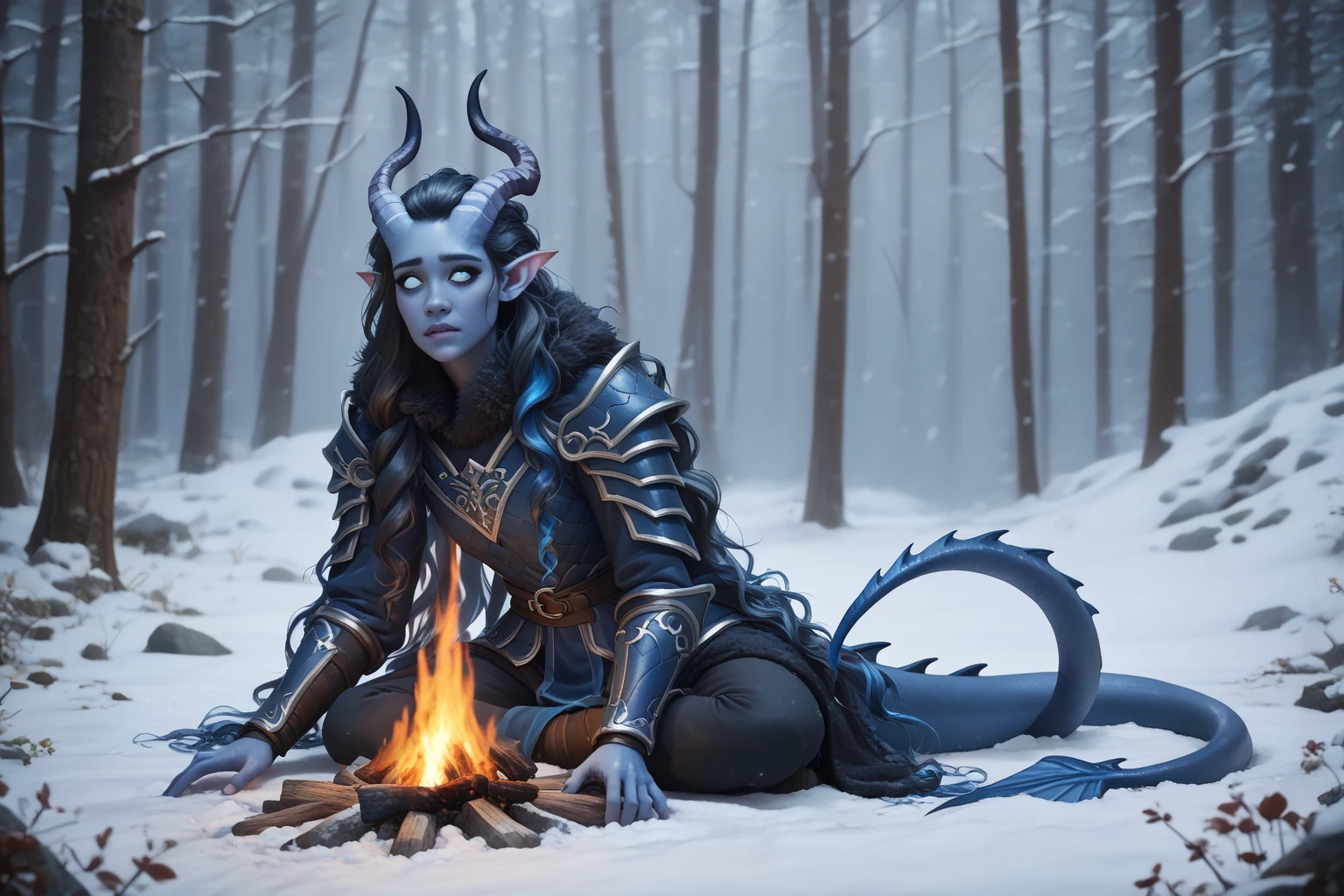 ( Snowy sprawling cedar ,  the winter cedar forest against the background of ), (1Тiefling ,  dark blue-gray skin :1.5), (One:1.5), ( very thick long tiefling dragon tail :1.5), (long black flowing hair with dark blue tips:1.4), ( the bright blue-black pigmentation on the face :1.5), (blue-black freckles :1.2) , ( 2little fins on their heads :1.4), (bright blue-grey pupils,  Black eyes :1.4), ( blue-black pigmentation on the skin :1.5), ( dark grey straight short horns ), ( blue and black pigmentation on the tail :1.5),  girl  , (kind face), (на лице эмоции от нестерпимого coldа), (in pain ), (coldно:1.2), [curiosity ], (35 years old:1.5), (adult:1.2), (Deep look:1.3), (идёт крупный  snow ), (запорошена в  snow у:1.2) , (покрыта  snow ом), (ежится от coldа:1.1) , ( frost on eyelashes :1.1), ( fur collar armor), (белый  snow  на голове:1.2), ( fur armor ), ( snow  на рогах и на голове:1.2), (chainmail), (you can see pigmentation on his shoulder ), (tail protection), (warms around the campfire :1.3), (трясётся от coldа:1.1), [ snowy winter ], (sitting by the fire :1.3), (очень coldно), (blizzard,  snow , cold) , (visible in full:1.2), ( seen from afar ), (warms hands), (looking over shoulder:1.2), ( top quality ), ( masterpiece fails), ( highest detail),  fantasy background, blue tones, Dark tones, dark shades,  muted colors, [winter light ].