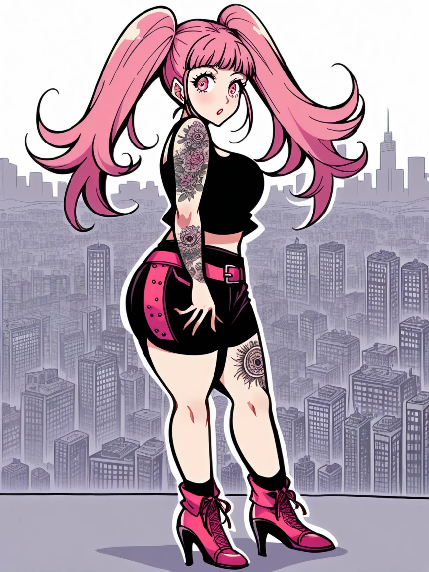 tattoos, tattoo, 1girl, Hilda Valentine Goneril, pink hair, tank top, booty shorts, high heels, pink eyes, standing, city background, crop top, large breasts, twintails