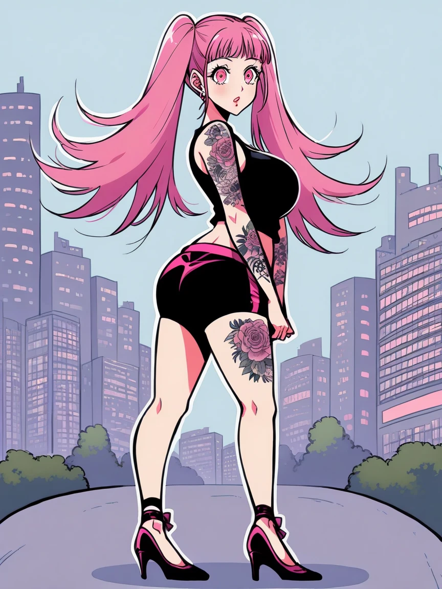 tattoos, tattoo, 1girl, Hilda Valentine Goneril, pink hair, tank top, booty shorts, high heels, pink eyes, standing, city background, crop top, large breasts, twintails