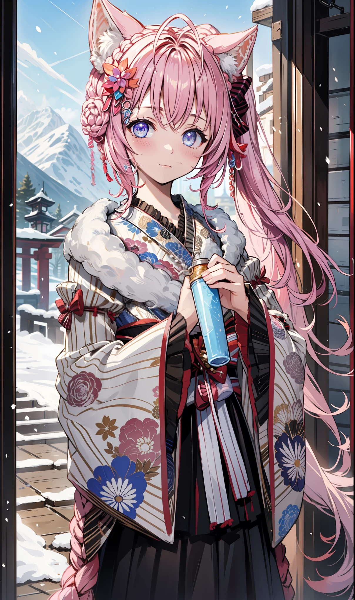 masterpiece,    Top Quality ,    high-resolution ,  masterpiece:1.2,     high quality  , 8K,      beautiful and meticulous growth   ,  happy ，  heavy costume，  blush，  kimono， Japanese costume ，Side Ponytail，  Fantasy World , Ice and snow fly  ,  winter，Mysterious landscape  ， black gloves ，Strike a pose，Beautiful sleeves  ，   Lots of clothes on the chest ， Small curves   