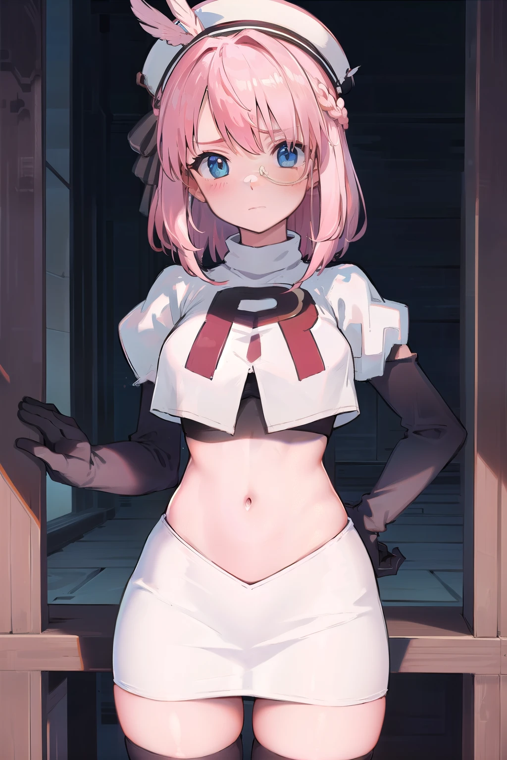 1 girl, high quality, (short hair), pink hair, forehead, blue eyes, huge  breasts, (white clothes),(straps on thighs:1.3), simple background, stocking, cameltoe,(sweaty:1.1), (nipples:0.8), (sexy pose:1.2), (shorts), 